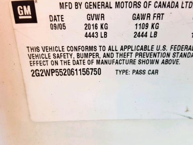 2G2WP552061156750 - 2006 PONTIAC GRAND PRIX WHITE photo 10