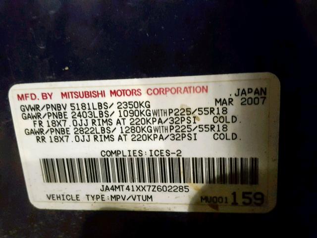 JA4MT41XX7Z602285 - 2007 MITSUBISHI OUTLANDER BLUE photo 10