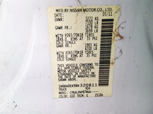 1N6BA0EK9BN320811 - 2011 NISSAN TITAN S WHITE photo 10