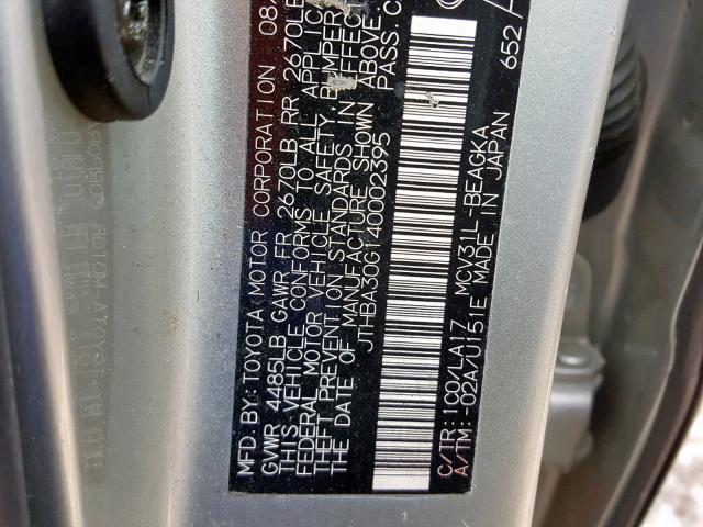 JTHBA30G140002395 - 2004 LEXUS ES 330 SILVER photo 10