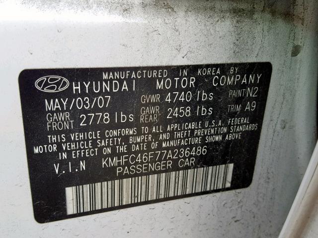 KMHFC46F77A236486 - 2007 HYUNDAI AZERA SE WHITE photo 10