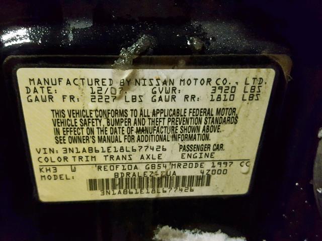 3N1AB61E18L677426 - 2008 NISSAN SENTRA 2.0 BLACK photo 10