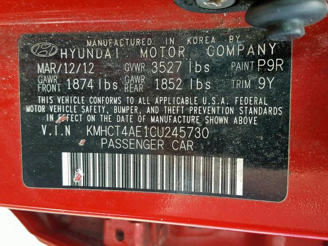 KMHCT4AE1CU245730 - 2012 HYUNDAI ACCENT GLS RED photo 10