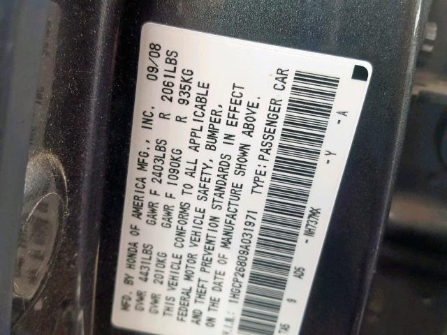 1HGCP26809A031971 - 2009 HONDA ACCORD EXL GRAY photo 10