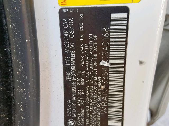 WBANF33547CS40168 - 2007 BMW 525 XI WHITE photo 10