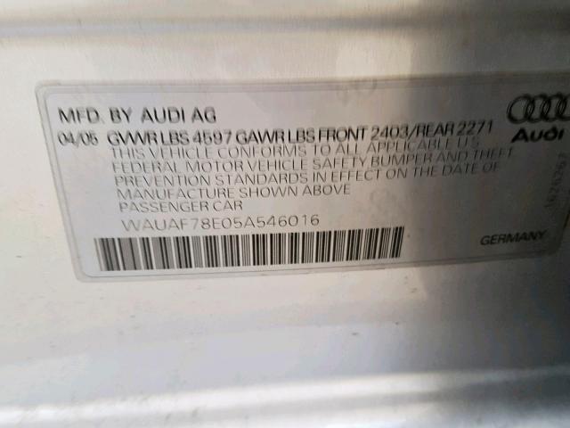 WAUAF78E05A546016 - 2005 AUDI A4 2.0T SILVER photo 10