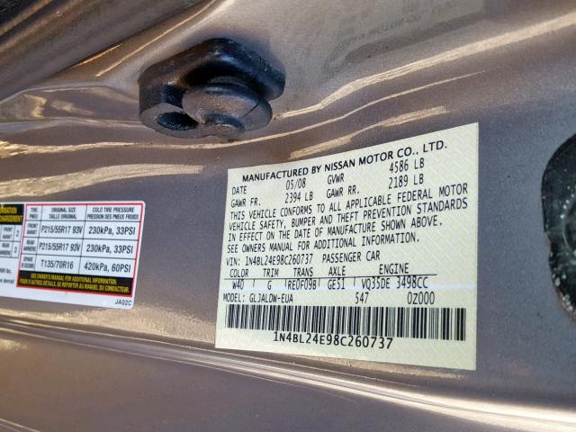 1N4BL24E98C260737 - 2008 NISSAN ALTIMA 3.5 GRAY photo 10