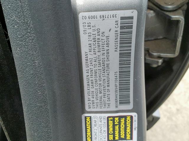 WVWRH63B94P106475 - 2004 VOLKSWAGEN PASSAT GLX 银色 照片 10