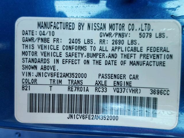 JN1CV6FE2AM352000 - 2010 INFINITI G37 BASE BLUE photo 10