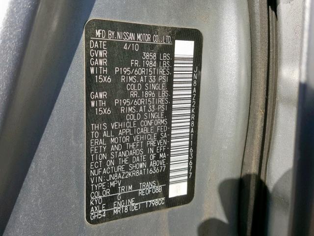 JN8AZ2KR8AT163677 - 2010 NISSAN CUBE BASE SILVER photo 10