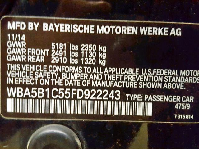 WBA5B1C55FD922243 - 2015 BMW 535 I BLACK photo 10