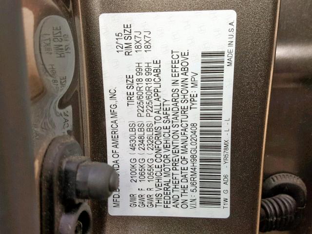 5J6RM4H98GL020408 - 2016 HONDA CR-V TOURI GRAY photo 10