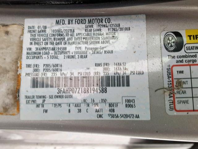 3FAHP07Z18R194588 - 2008 FORD FUSION SE WHITE photo 10