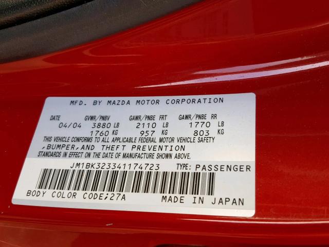 JM1BK323341174723 - 2004 MAZDA 3 S RED photo 10