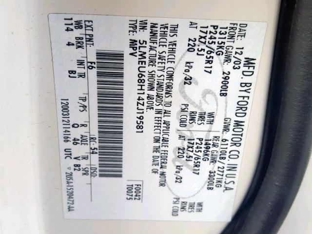 5LMEU68H14ZJ19581 - 2004 LINCOLN AVIATOR 白色 照片 10