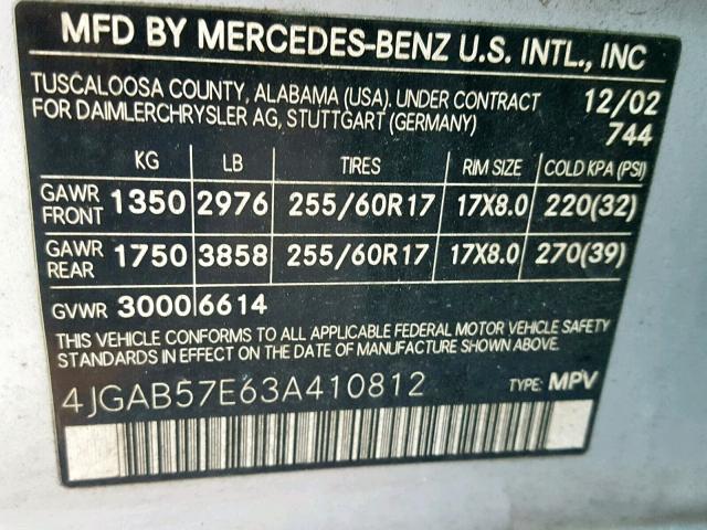 4JGAB57E63A410812 - 2003 MERCEDES-BENZ ML 350 SILVER photo 10