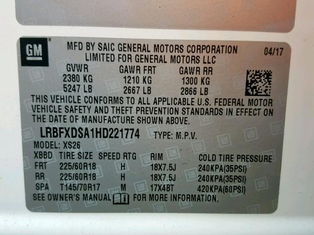 LRBFXDSA1HD221774 - 2017 BUICK ENVISION E WHITE photo 10