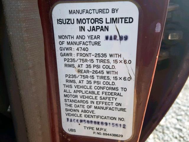 JACCH58R8K8915512 - 1989 ISUZU TROOPER II BURGUNDY photo 10