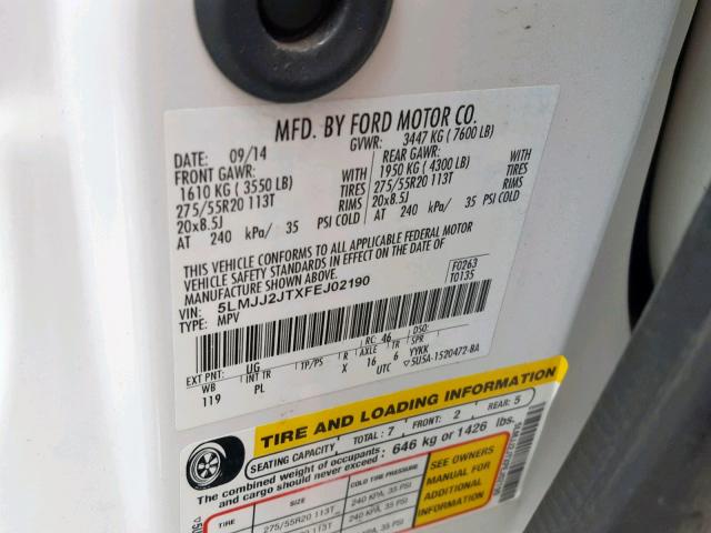 5LMJJ2JTXFEJ02190 - 2015 LINCOLN NAVIGATOR WHITE photo 10