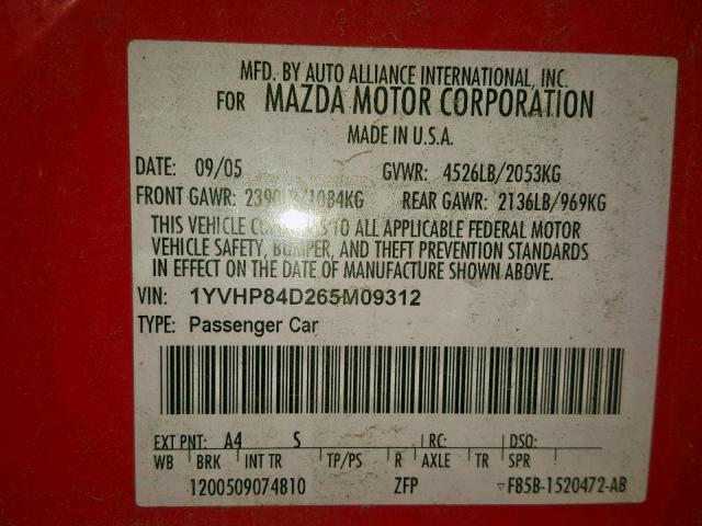 1YVHP84D265M09312 - 2006 MAZDA 6 S RED photo 10