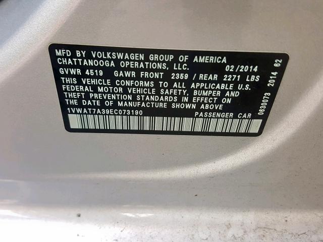 1VWAT7A39EC073190 - 2014 VOLKSWAGEN PASSAT S SILVER photo 10