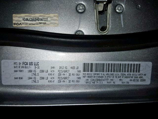 1C4NJCBA8HD147777 - 2017 JEEP COMPASS SP 灰色 照片 10
