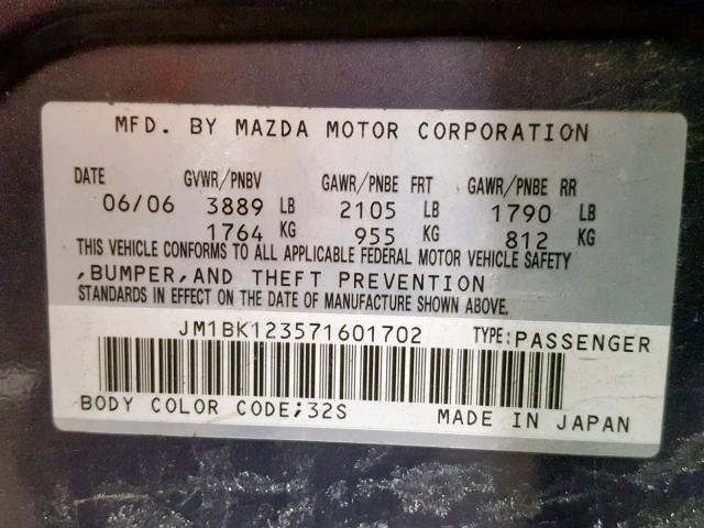 JM1BK123571601702 - 2007 MAZDA 3 S GRAY photo 10