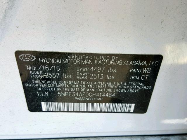 5NPE34AF0GH414464 - 2016 HYUNDAI SONATA SPO WHITE photo 10