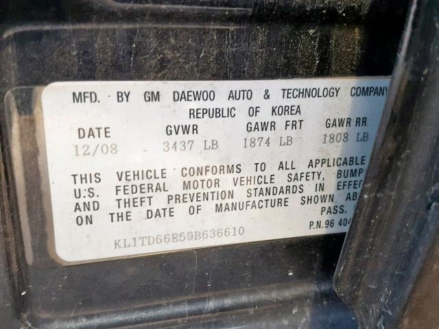 KL1TD66E59B636610 - 2009 CHEVROLET AVEO LS BLACK photo 10