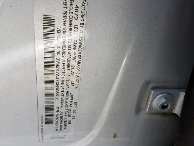 3VW2K7AJ7CM308610 - 2012 VOLKSWAGEN JETTA BASE SILVER photo 10