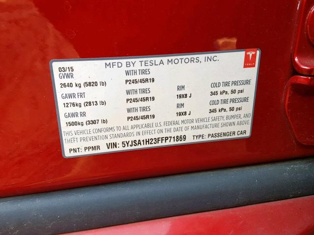 5YJSA1H23FFP71869 - 2015 TESLA MODEL S 85 RED photo 10