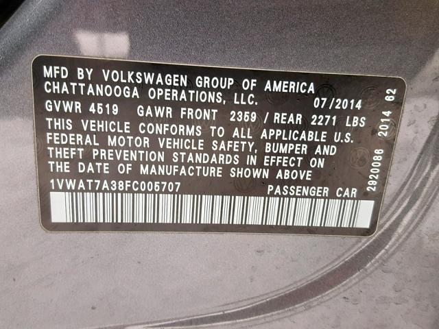 1VWAT7A38FC005707 - 2015 VOLKSWAGEN PASSAT S GRAY photo 10