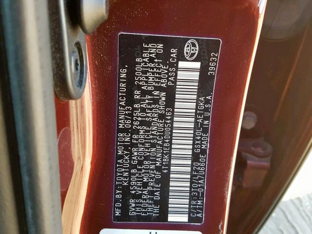 4T1BK1EB4DU054463 - 2013 TOYOTA AVALON BAS BURGUNDY photo 10