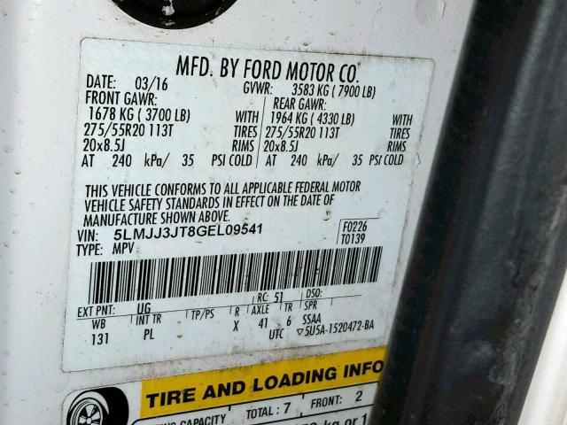 5LMJJ3JT8GEL09541 - 2016 LINCOLN NAVIGATOR WHITE photo 10