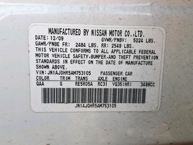 JN1AJ0HR5AM753105 - 2010 INFINITI EX35 BASE WHITE photo 10
