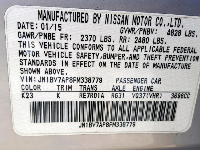 JN1BV7AP8FM338779 - 2015 INFINITI Q50 BASE SILVER photo 10