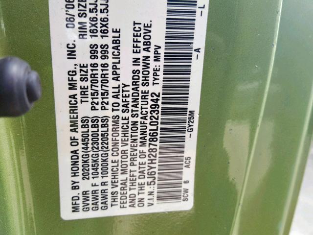 5J6YH28786L023942 - 2006 HONDA ELEMENT EX GREEN photo 10