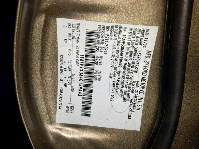 1FAFP53U84G139443 - 2004 FORD TAURUS SE GOLD photo 10