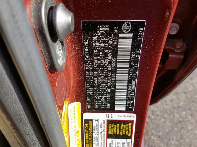 4T1BK1EBXDU026635 - 2013 TOYOTA AVALON BAS MAROON photo 10