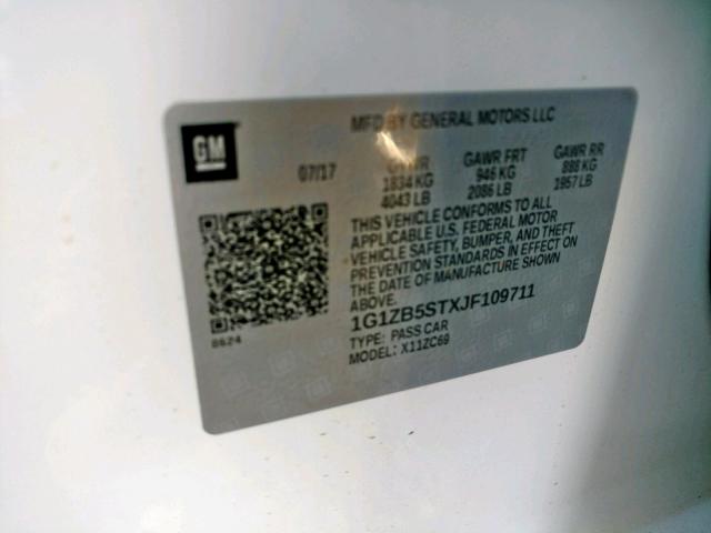 1G1ZB5STXJF109711 - 2018 CHEVROLET MALIBU LS WHITE photo 10