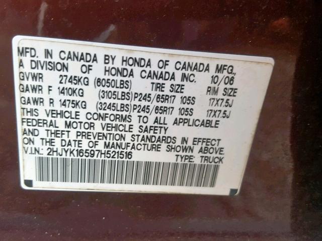 2HJYK16597H521516 - 2007 HONDA RIDGELINE MAROON photo 10