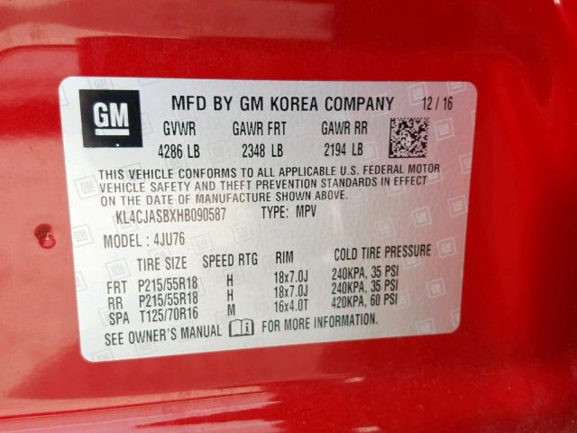 KL4CJASBXHB090587 - 2017 BUICK ENCORE PRE RED photo 10