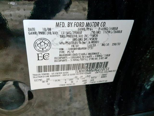 1LNHM94R69G610151 - 2009 LINCOLN MKS BLACK photo 10