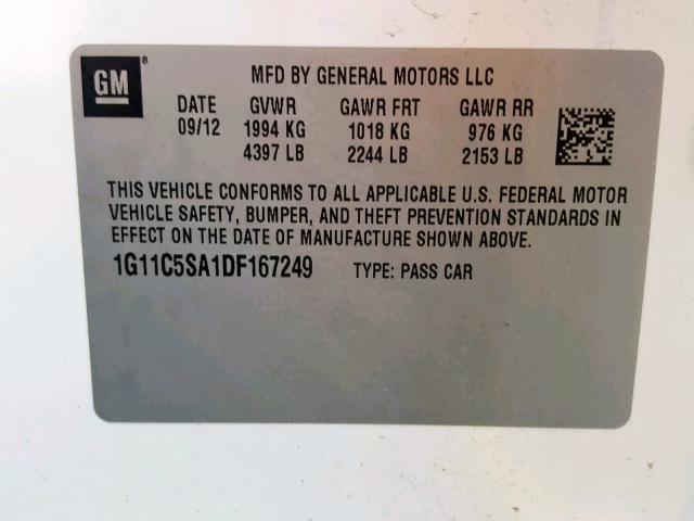 1G11C5SA1DF167249 - 2013 CHEVROLET MALIBU 1LT 白色 照片 10