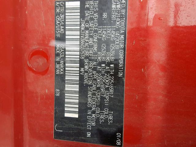 JTMBK31V386037518 - 2008 TOYOTA RAV4 LIMIT RED photo 10