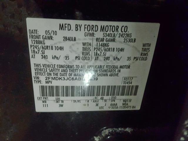 2FMDK3JC6ABB53239 - 2010 FORD EDGE SEL BLACK photo 10