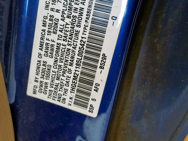 1HGEM21185L005421 - 2005 HONDA CIVIC DX V BLUE photo 10