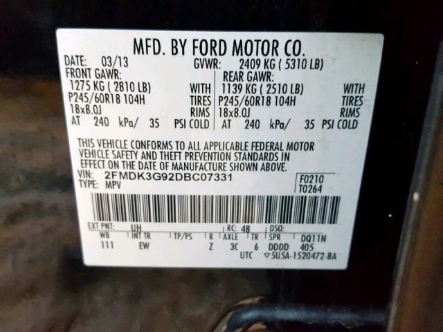 2FMDK3G92DBC07331 - 2013 FORD EDGE SE BLACK photo 10