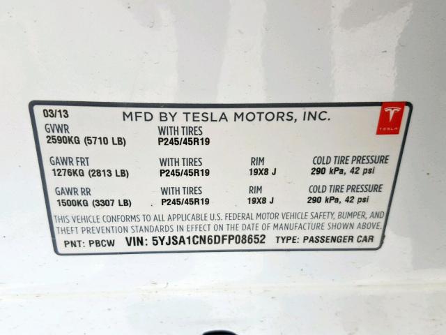 5YJSA1CN6DFP08652 - 2013 TESLA MODEL S WHITE photo 10