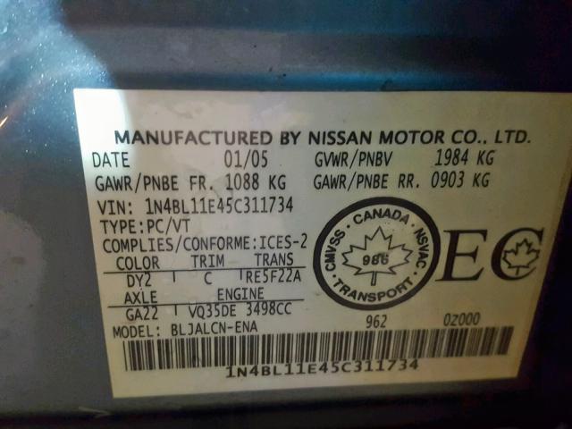 1N4BL11E45C311734 - 2005 NISSAN ALTIMA SE GREEN photo 10